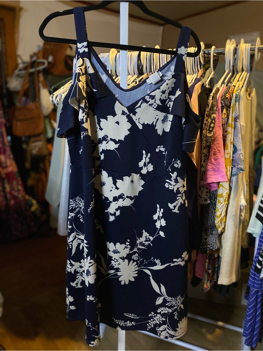 Navy Floral Cold-Shoulder Mini Dress - Women's